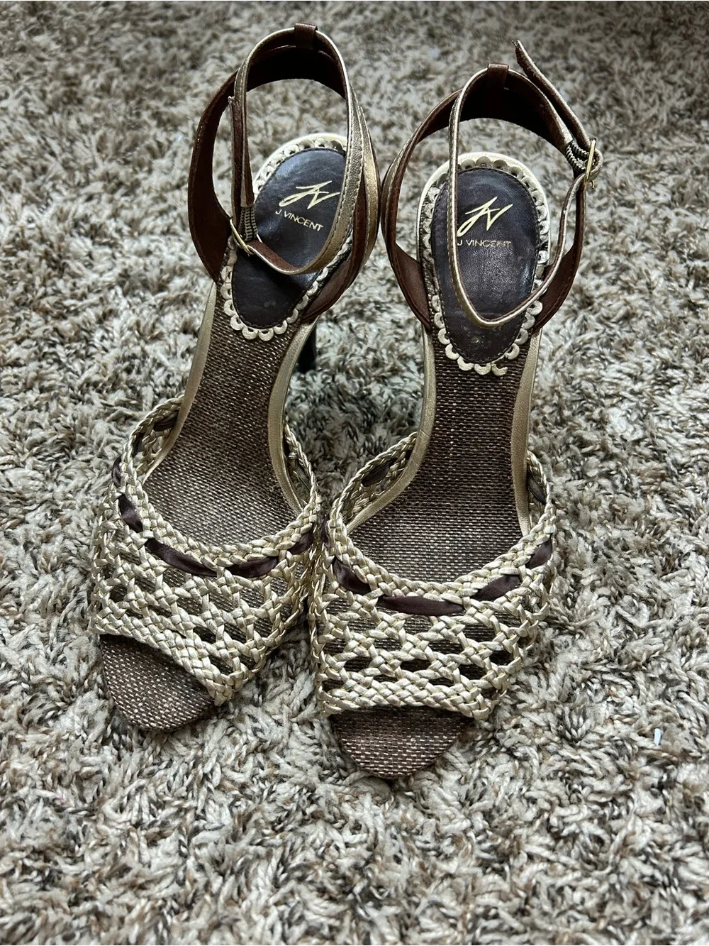 JV J Vincent Leather Woven Gold Ankle Strap Heels Peep Toe Womens Sz 9